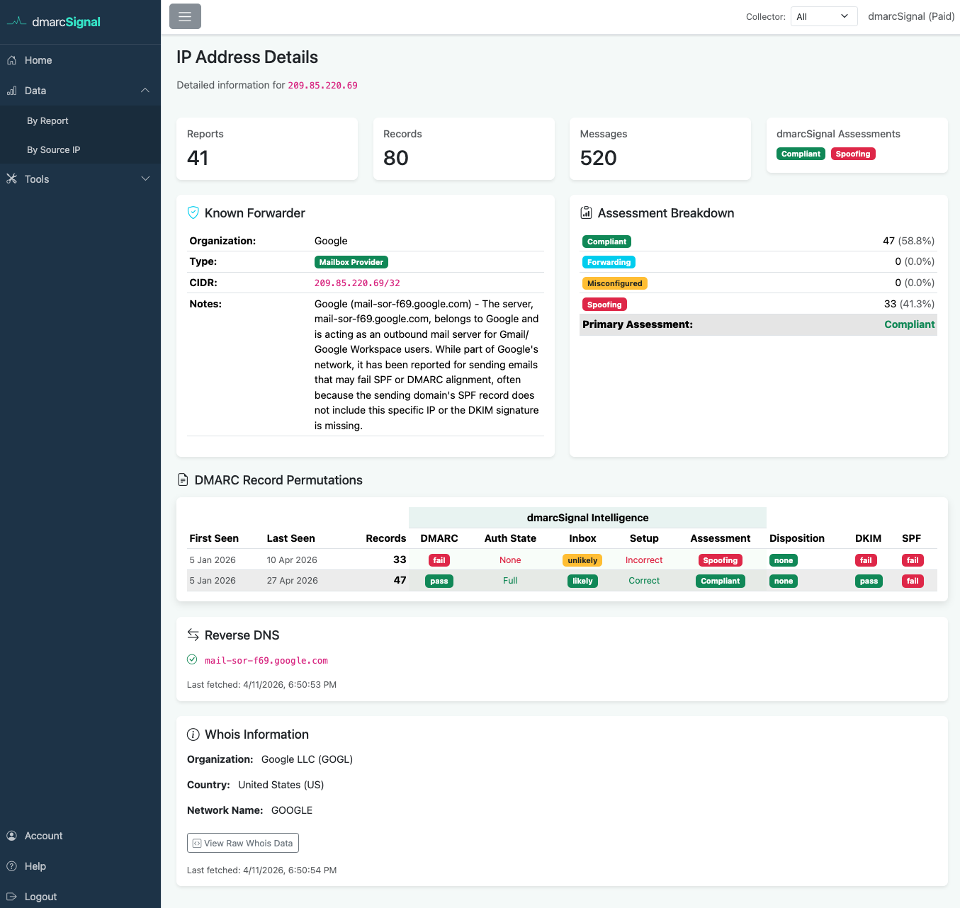 dmarcSignal IP address detail page with WHOIS and DMARC records